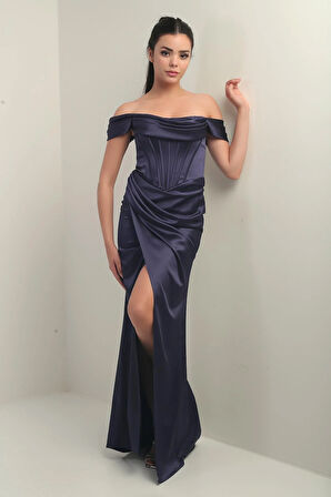 Kadın Straplez Düşük Kollu Astarlı Balenli Saten Uzun Elbise