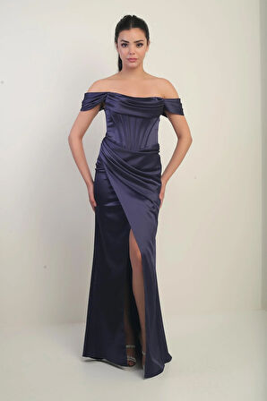 Kadın Straplez Düşük Kollu Astarlı Balenli Saten Uzun Elbise