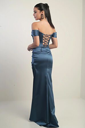 Kadın Straplez Düşük Kollu Astarlı Balenli Saten Uzun Elbise