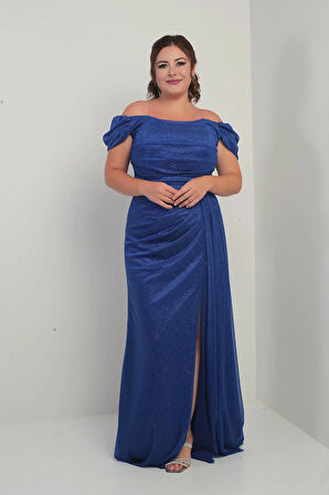 Düşük Kollu Astarlı Önü Drapeli Yırtmaçlı Büyük Beden Simli Uzun Elbise