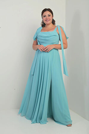 Kadın Degaje Yaka Omuz Bağlamalı Astarlı Büyük Beden Krep Şifon Uzun Elbise