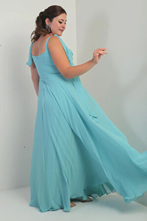 Kadın Degaje Yaka Omuz Bağlamalı Astarlı Büyük Beden Krep Şifon Uzun Elbise