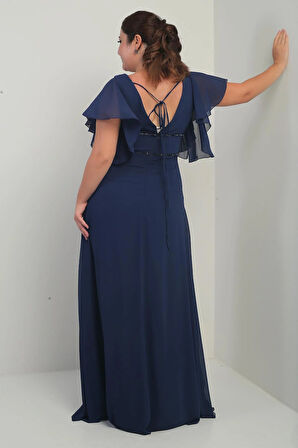 Kadın Ön Arka V Yaka Volanlı Kol Astarlı Beli Boncuklu Cepli Büyük Beden Şifon Elbise