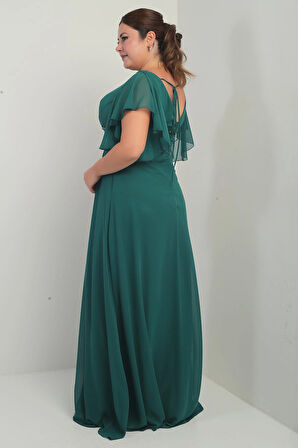 Kadın Ön Arka V Yaka Volanlı Kol Astarlı Beli Boncuklu Cepli Büyük Beden Şifon Elbise