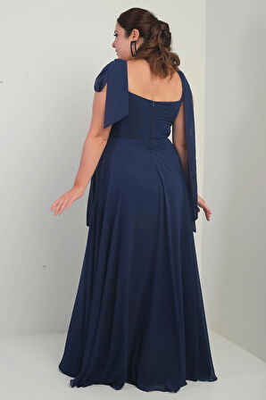 Kadın Degaje Yaka Omuz Bağlamalı Astarlı Büyük Beden Krep Şifon Uzun Elbise