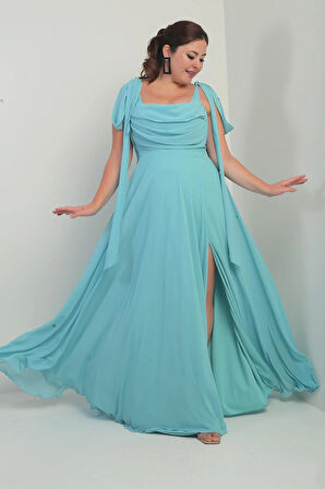 Kadın Degaje Yaka Omuz Bağlamalı Astarlı Büyük Beden Krep Şifon Uzun Elbise