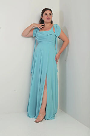 Kadın Degaje Yaka Omuz Bağlamalı Astarlı Büyük Beden Krep Şifon Uzun Elbise