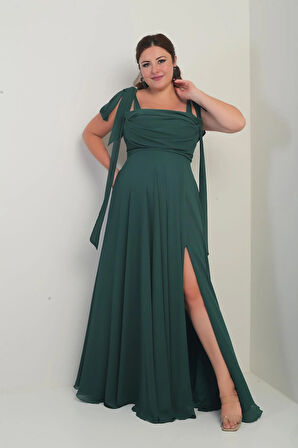 Kadın Degaje Yaka Omuz Bağlamalı Astarlı Büyük Beden Krep Şifon Uzun Elbise