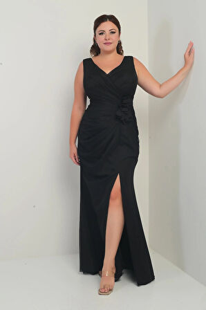 Kadın Ön Arka V Yaka Astarlı Önü Dapeli 3 Boyut Çiçekli Büyük Beden Tül Uzun Elbise