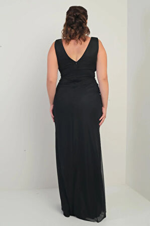 Kadın Ön Arka V Yaka Astarlı Önü Dapeli 3 Boyut Çiçekli Büyük Beden Tül Uzun Elbise