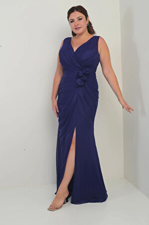 Kadın Ön Arka V Yaka Astarlı Önü Dapeli 3 Boyut Çiçekli Büyük Beden Tül Uzun Elbise