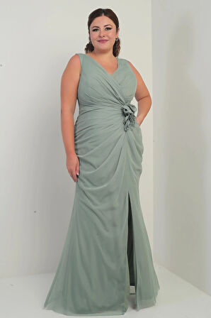 Kadın Ön Arka V Yaka Astarlı Önü Dapeli 3 Boyut Çiçekli Büyük Beden Tül Uzun Elbise