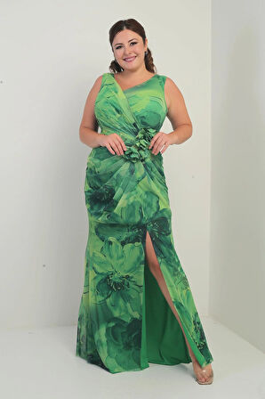 Kadın Ön Arka V Yaka Astarlı Önü Drapeli 3 Boyut Çiçekli Desenli Büyük Beden Tül Uzun Elbise