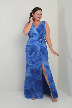 Kadın Ön Arka V Yaka Astarlı Önü Drapeli 3 Boyut Çiçekli Desenli Büyük Beden Tül Uzun Elbise