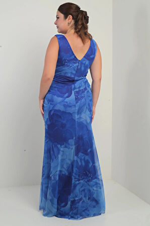 Kadın Ön Arka V Yaka Astarlı Önü Drapeli 3 Boyut Çiçekli Desenli Büyük Beden Tül Uzun Elbise