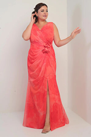 Kadın Ön Arka V Yaka Astarlı Önü Drapeli 3 Boyut Çiçekli Desenli Büyük Beden Tül Uzun Elbise