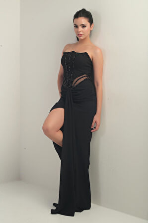 Kadın Boncuk Detaylı Bel Transparan Astarlı Uzun Straplez Elbise