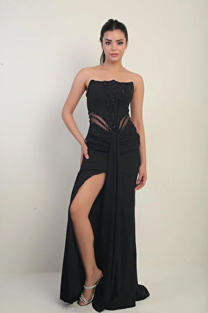 Kadın Boncuk Detaylı Bel Transparan Astarlı Uzun Straplez Elbise