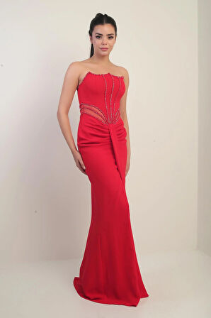 Kadın Boncuk Detaylı Bel Transparan Astarlı Uzun Straplez Elbise