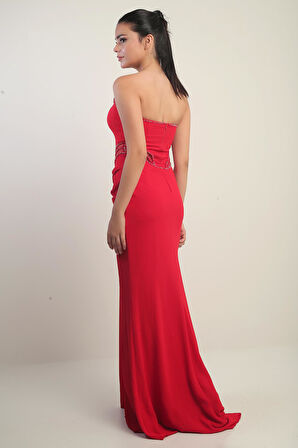 Kadın Boncuk Detaylı Bel Transparan Astarlı Uzun Straplez Elbise