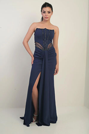 Kadın Boncuk Detaylı Bel Transparan Astarlı Uzun Straplez Elbise