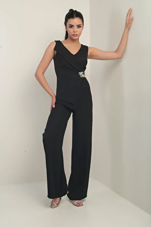 Kadın Ön Arka V Yaka Üst Yelek Görünümlü Bol Paça Tulum