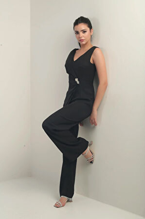 Kadın Ön Arka V Yaka Üst Yelek Görünümlü Bol Paça Tulum