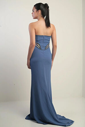 Kadın Boncuk Detaylı Bel Transparan Astarlı Uzun Straplez Elbise