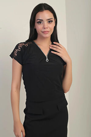 Omuzları Dantel Önü Yarım Fermuarlı Likralı Bluz