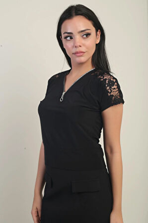 Omuzları Dantel Önü Yarım Fermuarlı Likralı Bluz