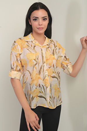 Kadın Büyük Çiçek Desenli Kol Katlamalı Gömlek