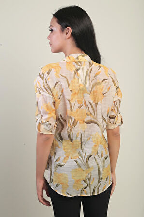 Kadın Büyük Çiçek Desenli Kol Katlamalı Gömlek