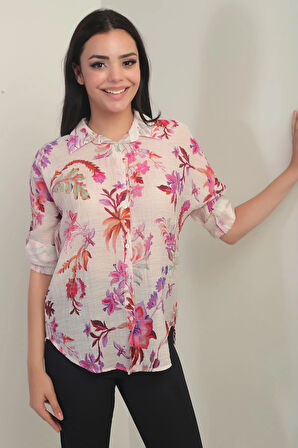 Kadın Çiçek Desenli Kol Katlamalı Gömlek
