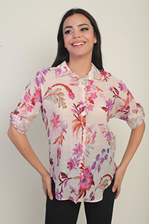 Kadın Çiçek Desenli Kol Katlamalı Gömlek