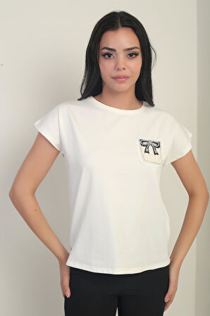 Kadın Yuvarlak Yaka Kısa Kollu Cep Detaylı Likralı Bluz