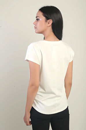 Kadın Yuvarlak Yaka Kısa Kollu Cep Detaylı Likralı Bluz