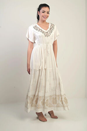 Kadın V Yaka Boncuk İşlemeli Astarlı Cepli Floş Jakarlı Uzun Elbise