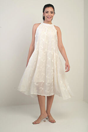 Kadın Halter Yaka Bağcıklı Astarlı Nakışlı Midi Elbise