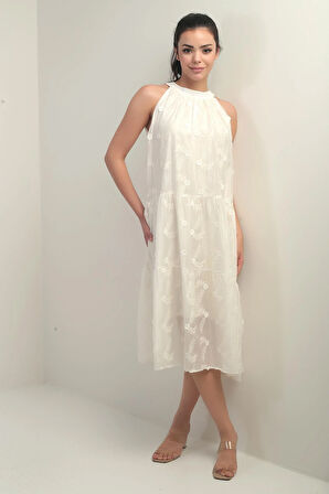 Kadın Halter Yaka Bağcıklı Astarlı Nakışlı Midi Elbise