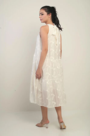 Kadın Halter Yaka Bağcıklı Astarlı Nakışlı Midi Elbise