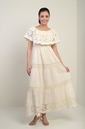 Kadın Madonna Yaka Astarlı Dantel Detaylı Nakışlı Uzun Elbise