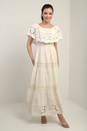 Kadın Madonna Yaka Astarlı Dantel Detaylı Nakışlı Uzun Elbise