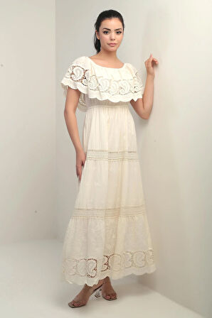 Kadın Madonna Yaka Astarlı Dantel Detaylı Nakışlı Uzun Elbise