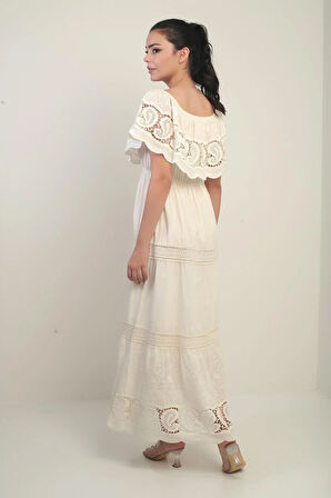 Kadın Madonna Yaka Astarlı Dantel Detaylı Nakışlı Uzun Elbise