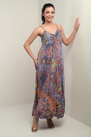 Kadın İp Askılı Arkası Gipeli Nakış Detaylı Desenli Uzun Saten Elbise