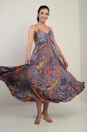 Kadın İp Askılı Arkası Gipeli Nakış Detaylı Desenli Uzun Saten Elbise