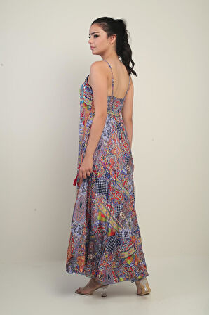 Kadın İp Askılı Arkası Gipeli Nakış Detaylı Desenli Uzun Saten Elbise