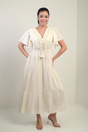 Kadın V Yaka Önü Püsküllü Astarlı Uzun Fisto Elbise