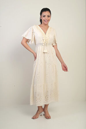 Kadın V Yaka Önü Püsküllü Astarlı Uzun Fisto Elbise