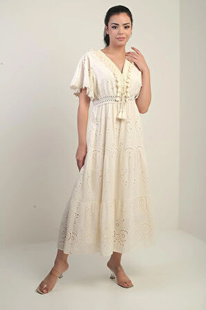 Kadın V Yaka Önü Püsküllü Astarlı Uzun Fisto Elbise